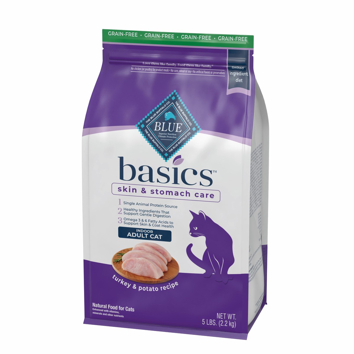 slide 11 of 13, Blue Buffalo Blue Basics Limited Ingredient Grain Free Turkey & Potato Indoor Adult Cat Food, 5 lb