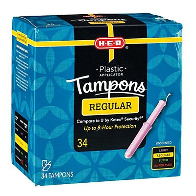 slide 1 of 1, H-E-B Plastic Unscented Regular Tampons, 34 ct