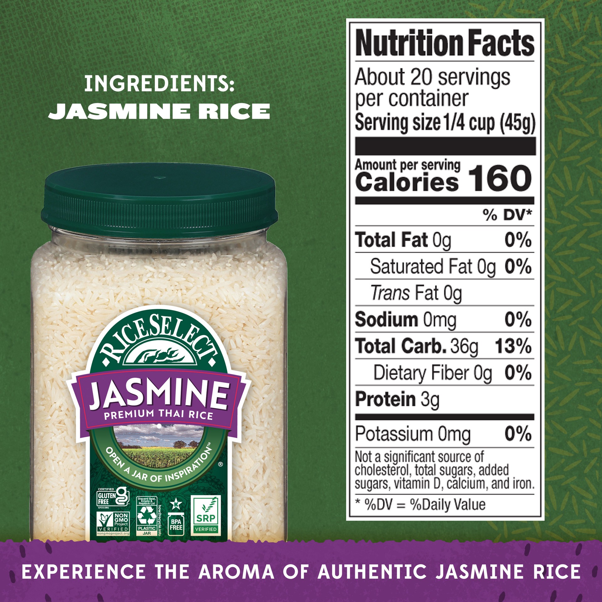 slide 3 of 6, RiceSelect Premium Thai Jasmine Rice Jar, Gluten-Free, Non-GMO, SRP Verified , 32 oz Jar, 32 oz