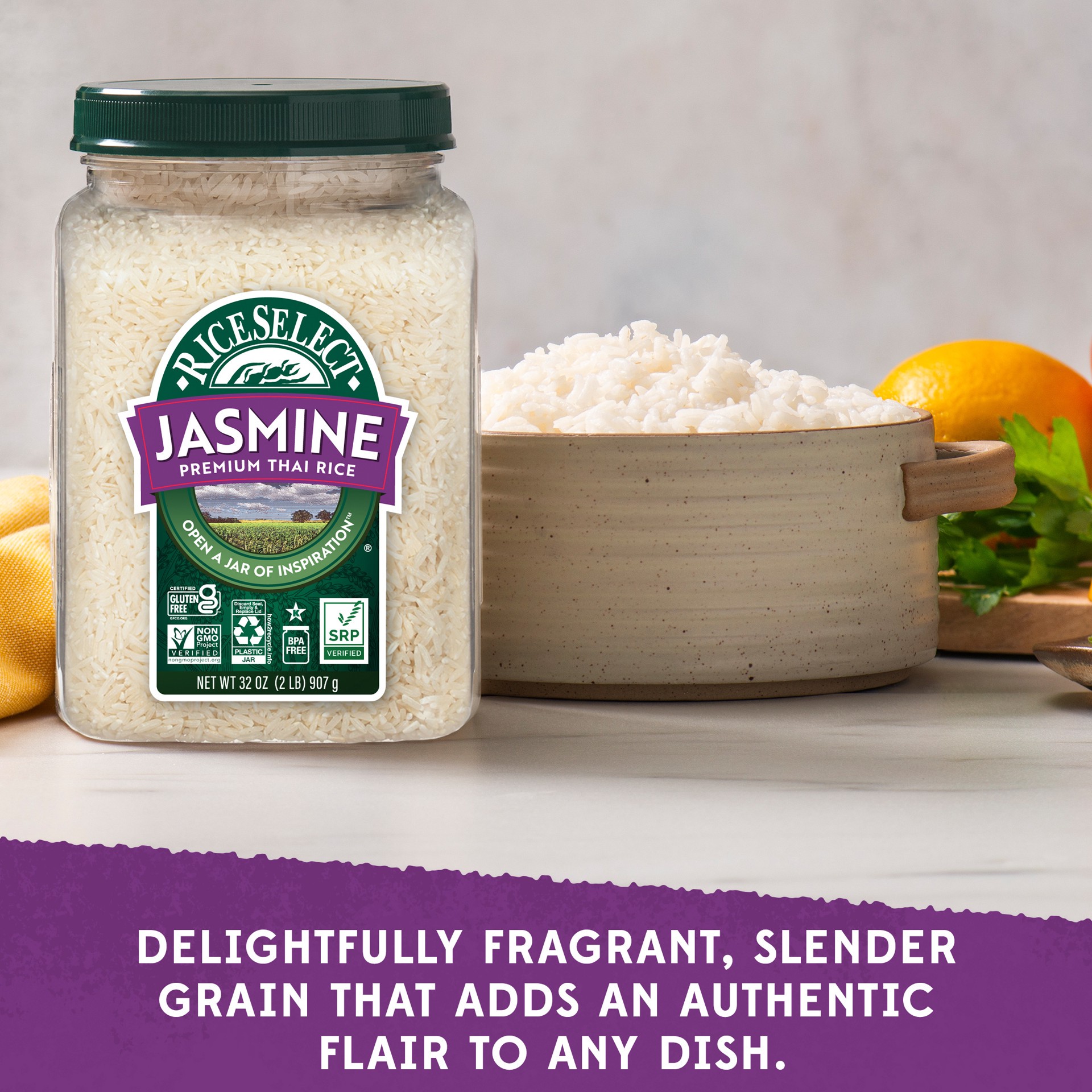 slide 4 of 6, RiceSelect Premium Thai Jasmine Rice Jar, Gluten-Free, Non-GMO, SRP Verified , 32 oz Jar, 32 oz