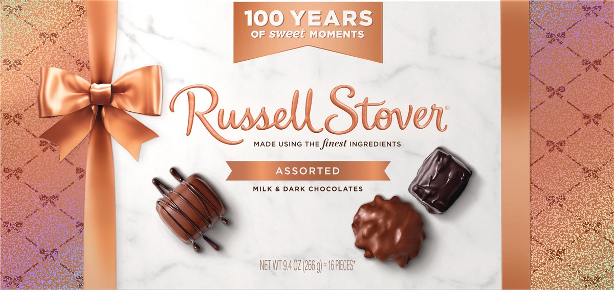 slide 8 of 8, RUSSELL STOVER 100 Year Anniversary Assorted Milk & Dark Chocolate Gift Box, 16 ct