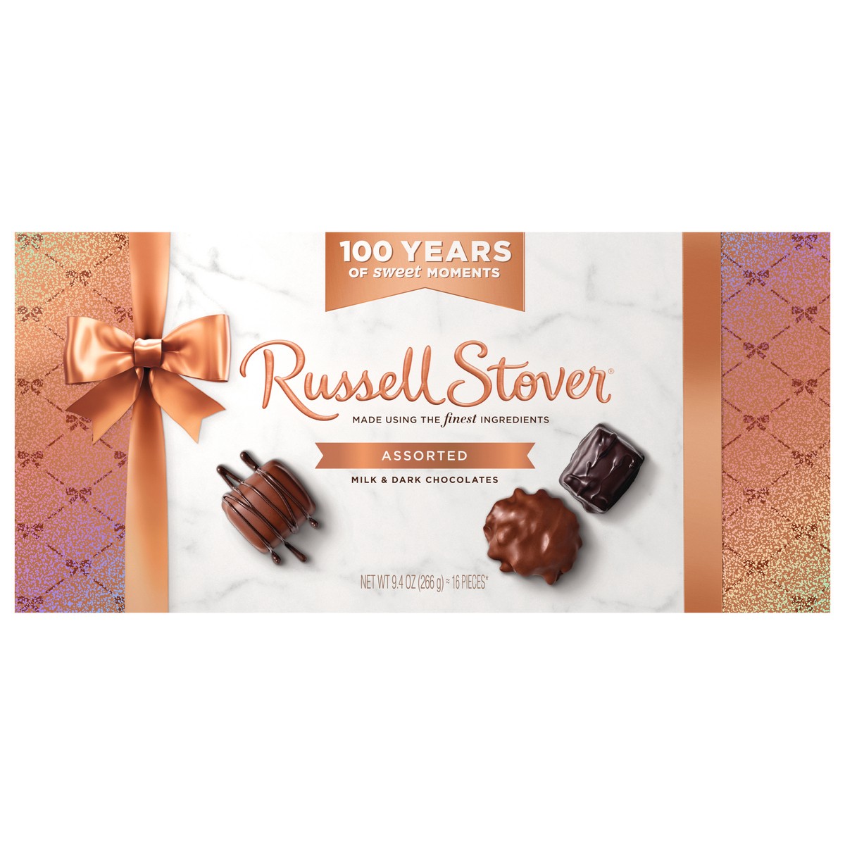 slide 1 of 8, RUSSELL STOVER 100 Year Anniversary Assorted Milk & Dark Chocolate Gift Box, 16 ct