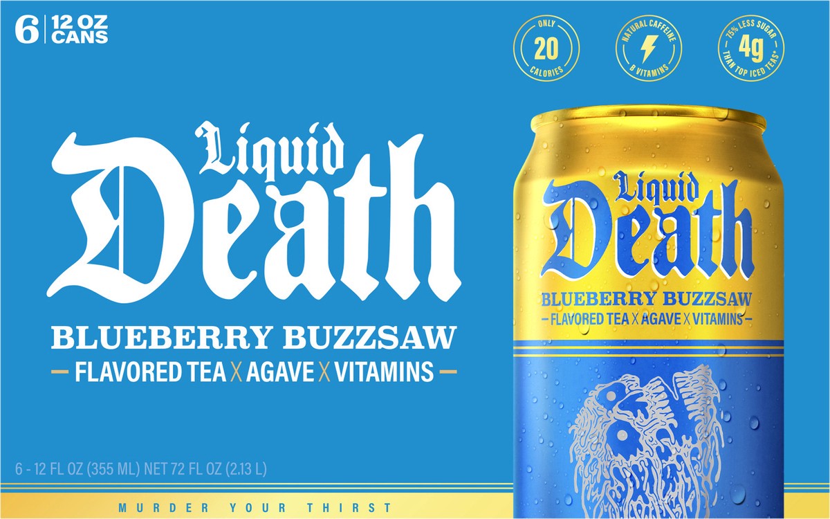 slide 2 of 7, Liquid Death, Blueberry Buzzsaw Flavored Iced Tea, 6-Pack (12oz Cans), Blueberry Flavored Black Tea, Low Calorie, No Artificial Sweeteners, B12 & B6 Vitamins, 72 oz
