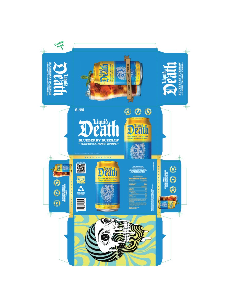 slide 5 of 7, Liquid Death, Blueberry Buzzsaw Flavored Iced Tea, 6-Pack (12oz Cans), Blueberry Flavored Black Tea, Low Calorie, No Artificial Sweeteners, B12 & B6 Vitamins, 72 oz