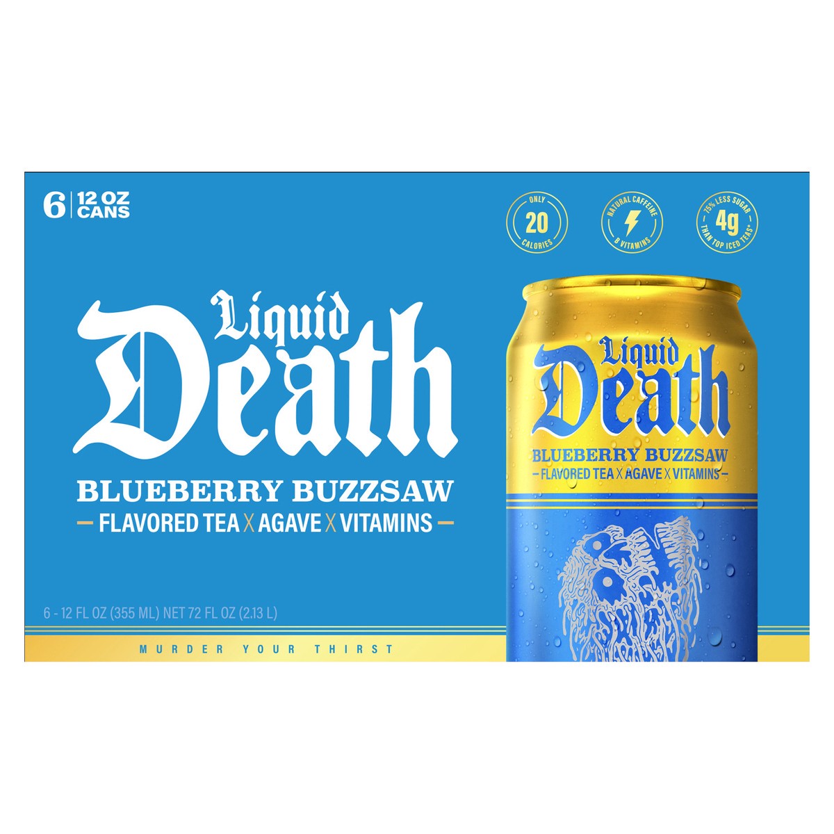 slide 1 of 7, Liquid Death, Blueberry Buzzsaw Flavored Iced Tea, 6-Pack (12oz Cans), Blueberry Flavored Black Tea, Low Calorie, No Artificial Sweeteners, B12 & B6 Vitamins, 72 oz