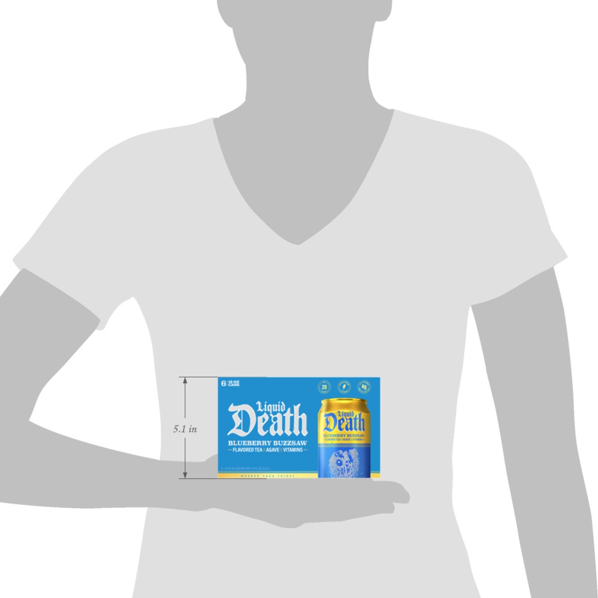 slide 7 of 7, Liquid Death, Blueberry Buzzsaw Flavored Iced Tea, 6-Pack (12oz Cans), Blueberry Flavored Black Tea, Low Calorie, No Artificial Sweeteners, B12 & B6 Vitamins, 72 oz