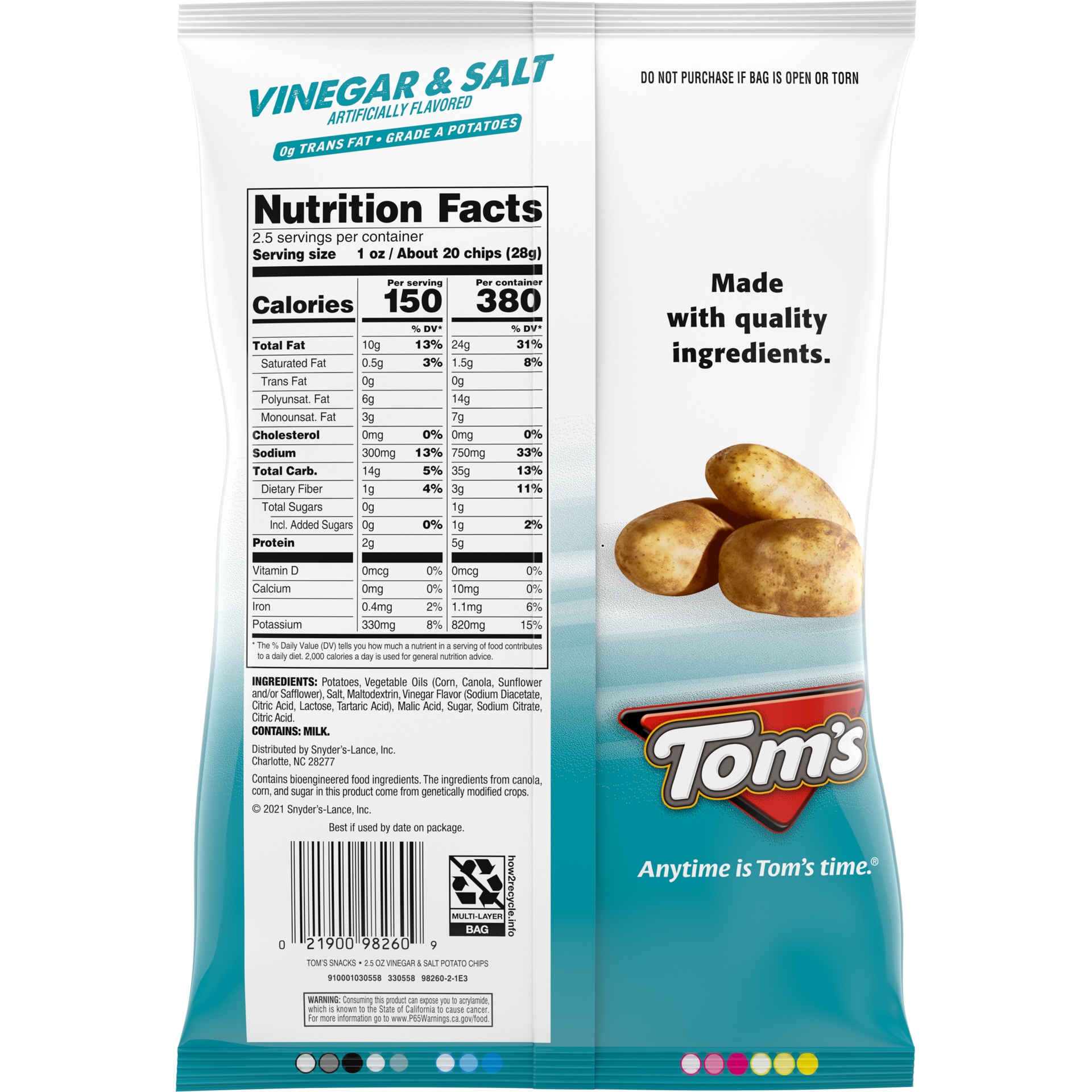 slide 5 of 5, Tom's Vinegar and Salt Flavored Potato Chips, 2.500 oz