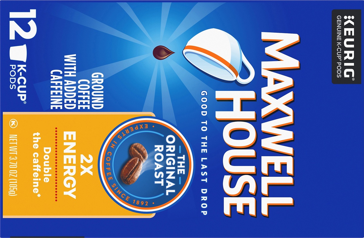 slide 5 of 9, Maxwell House The Original Roast 2X Energy K-Cup Coffee Pods with Double the Caffeine, 12 ct