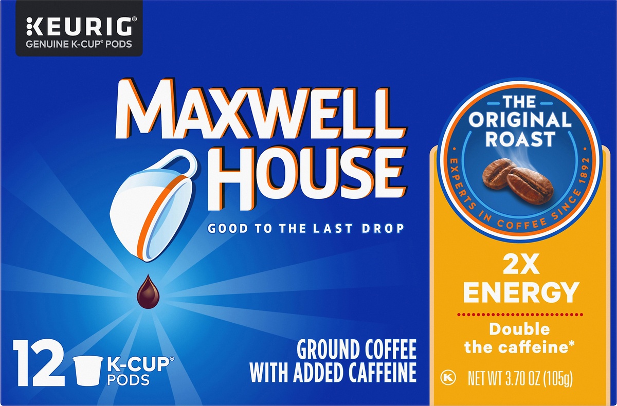 slide 8 of 9, Maxwell House The Original Roast 2X Energy K-Cup Coffee Pods with Double the Caffeine, 12 ct