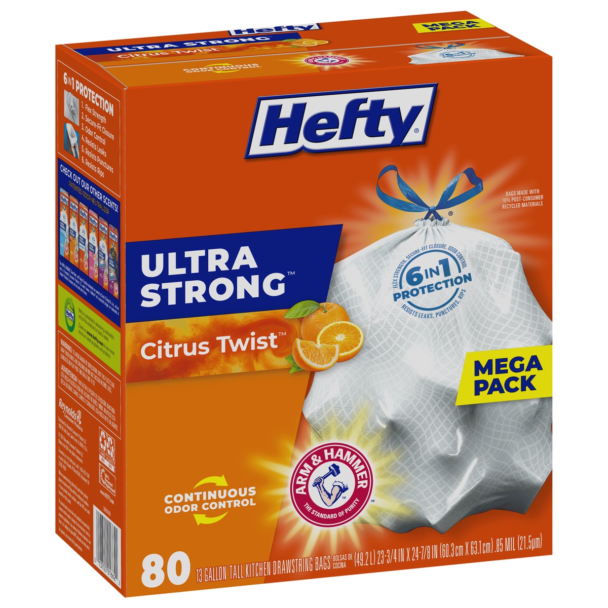 slide 9 of 9, Hefty Ultra Strong 13 Gallon Trash Bags, Tall Kitchen Trash Bags, White, Citrus Twist Scent, 80 Bags, 3.67 lb