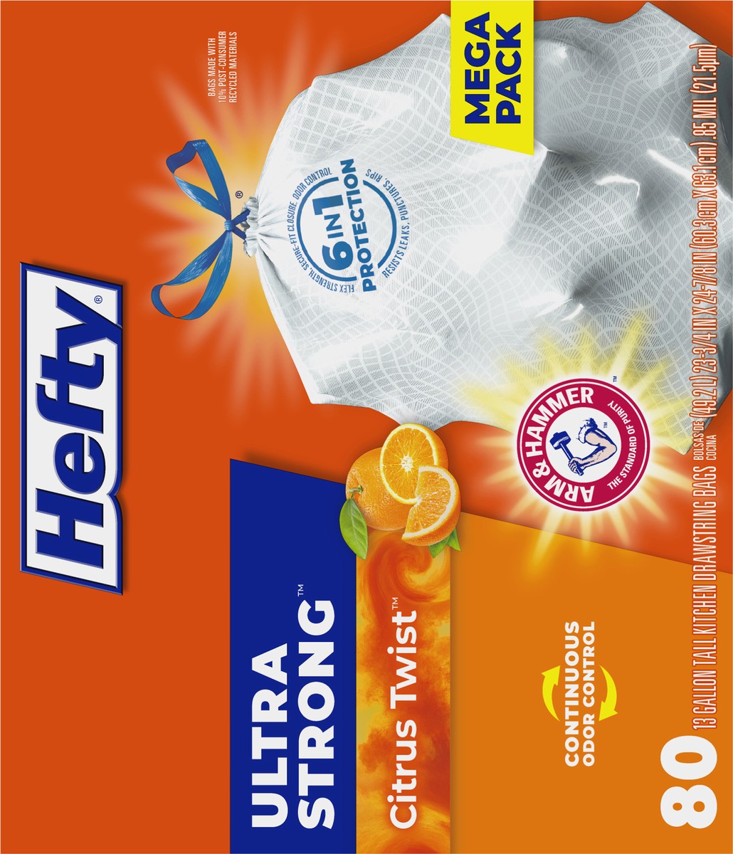 slide 5 of 9, Hefty Ultra Strong 13 Gallon Trash Bags, Tall Kitchen Trash Bags, White, Citrus Twist Scent, 80 Bags, 3.67 lb