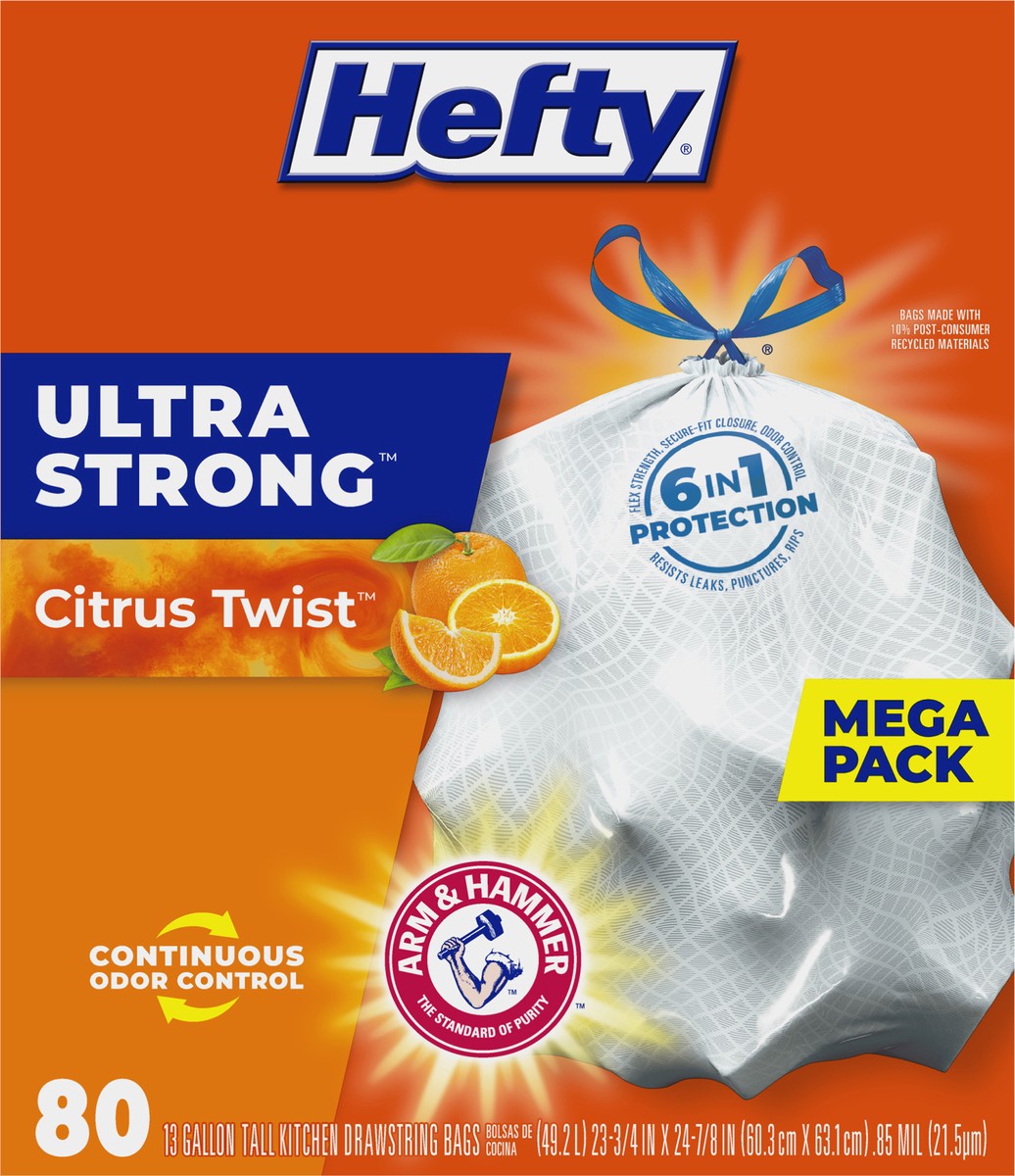 slide 2 of 9, Hefty Ultra Strong 13 Gallon Trash Bags, Tall Kitchen Trash Bags, White, Citrus Twist Scent, 80 Bags, 3.67 lb