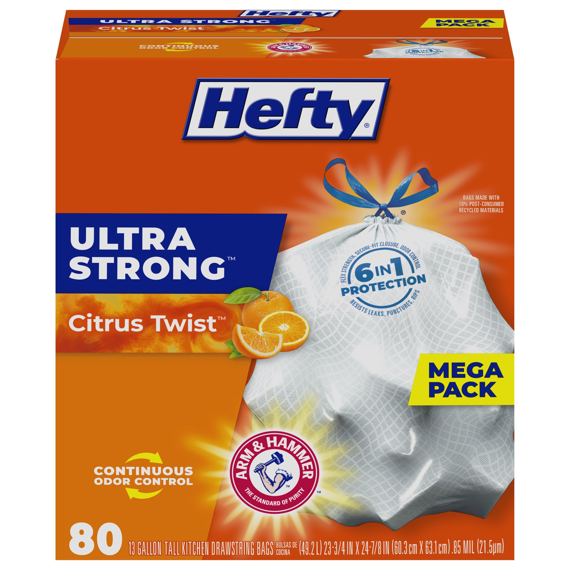 slide 1 of 9, Hefty Ultra Strong 13 Gallon Trash Bags, Tall Kitchen Trash Bags, White, Citrus Twist Scent, 80 Bags, 3.67 lb