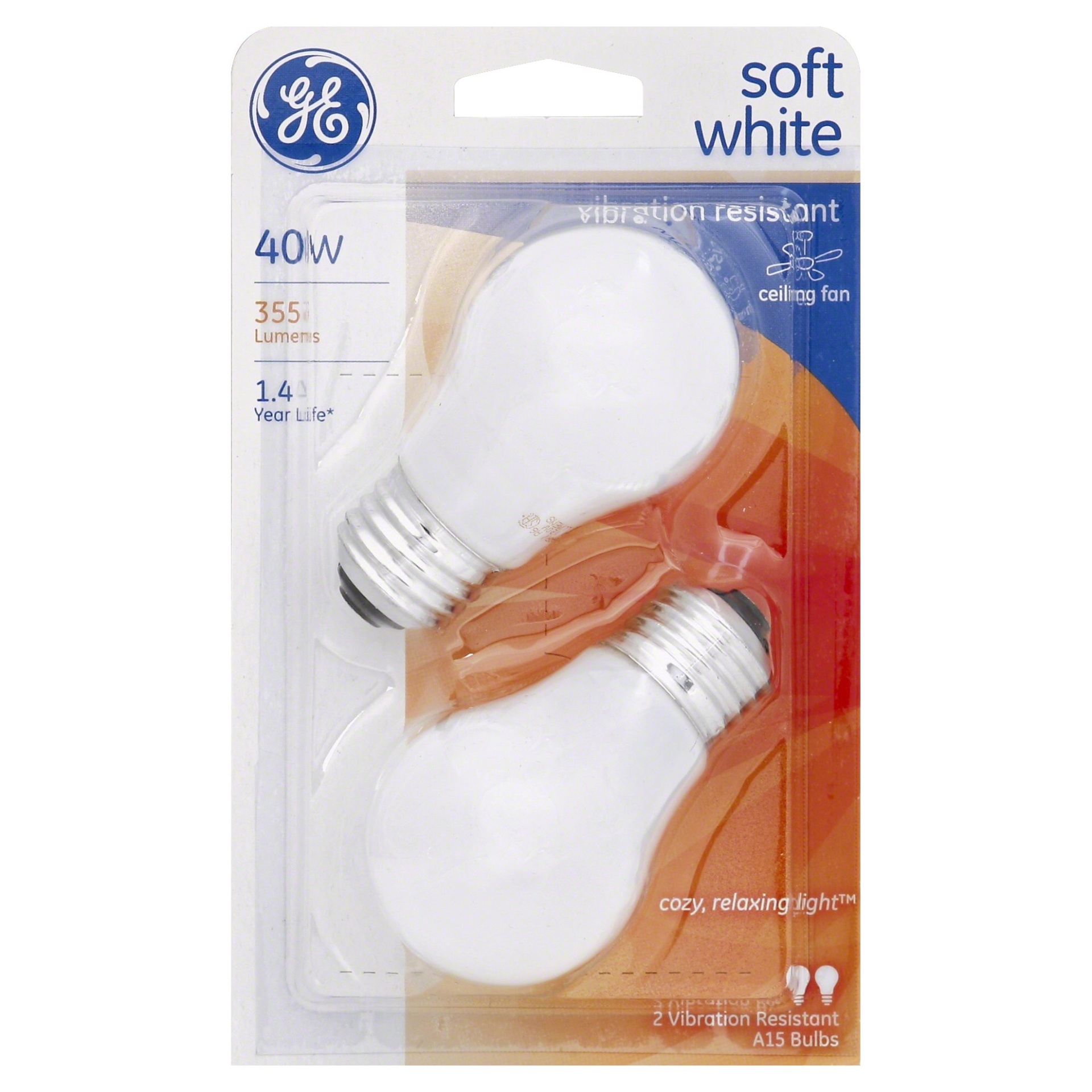 slide 1 of 1, GE 40-Watt Ceiling Fan Incandescent Light Bulb - Soft White, White Bulb, 2 ct