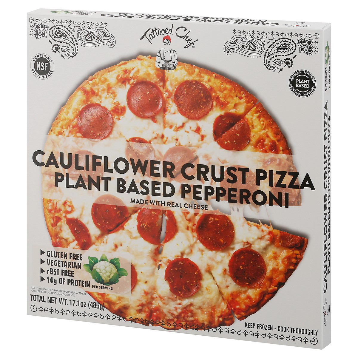 slide 7 of 11, Tattooed Chef Cauliflower Crust Plant Based Pepperoni Pizza 17 oz Box, 17 oz