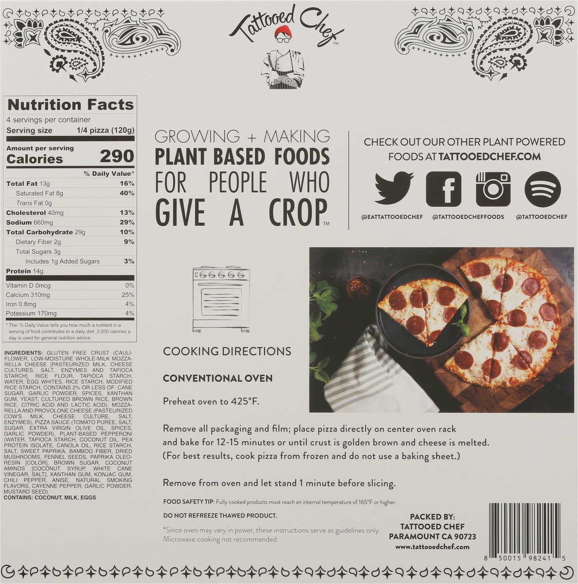 slide 10 of 11, Tattooed Chef Cauliflower Crust Plant Based Pepperoni Pizza 17 oz Box, 17 oz