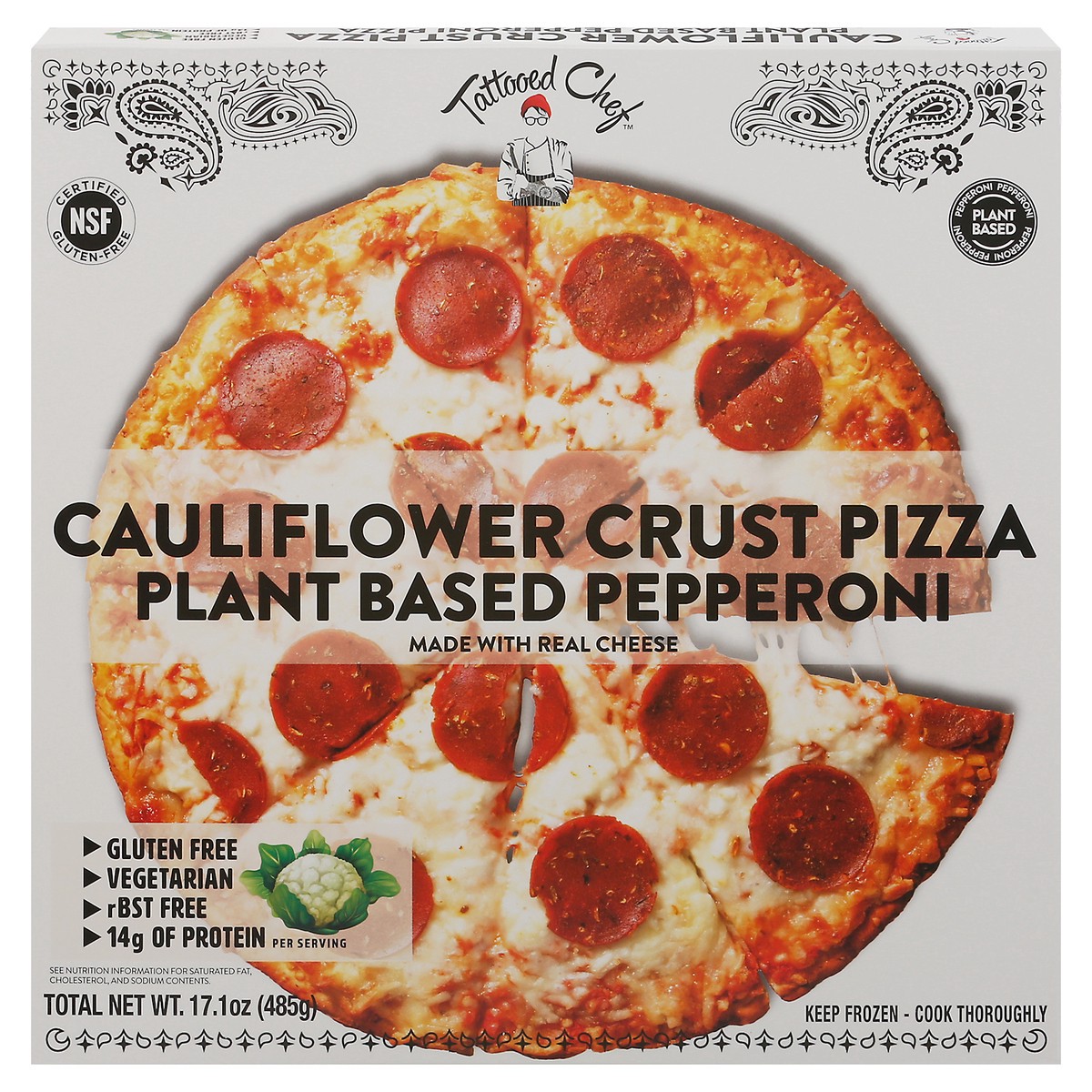 slide 11 of 11, Tattooed Chef Cauliflower Crust Plant Based Pepperoni Pizza 17 oz Box, 17 oz