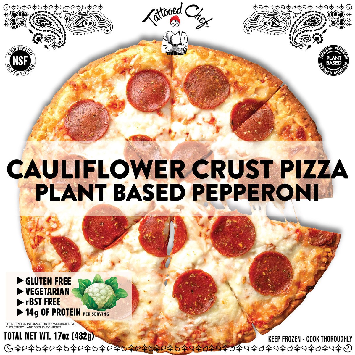 slide 1 of 11, Tattooed Chef Cauliflower Crust Plant Based Pepperoni Pizza 17 oz Box, 17 oz