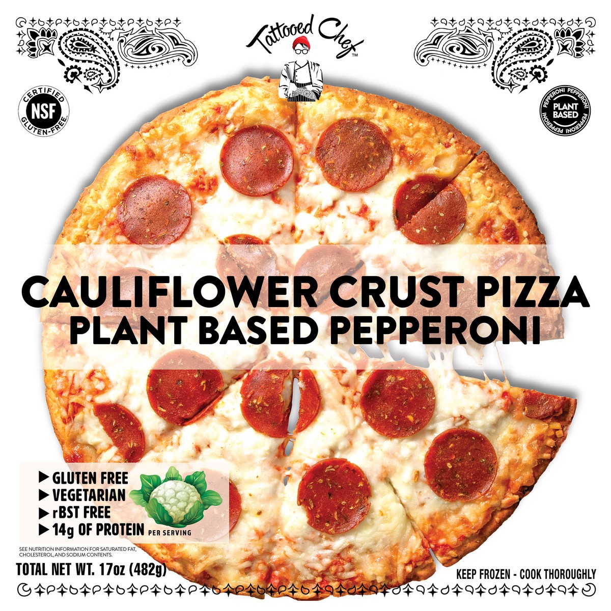 slide 1 of 11, Tattooed Chef Cauliflower Crust Plant Based Pepperoni Pizza 17 oz Box, 17 oz