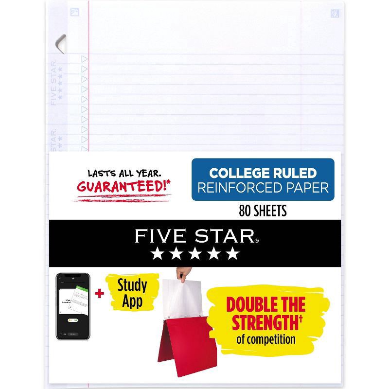 slide 1 of 5, Five Star 80ct College Ruled Reinforced Filler Paper, 80 ct