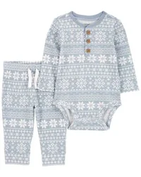 Carter's Baby 2-Piece Fair Isle Hooded Bodysuit Pant Set Blue/White 9M