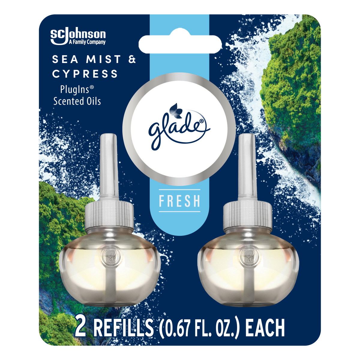slide 1 of 29, Glade PlugIns Scented Oils Air Freshener Refills, Sea Mist & Cypress, Fresh Collection, 0.67 fl oz Each, 2 Refills, 2 ct