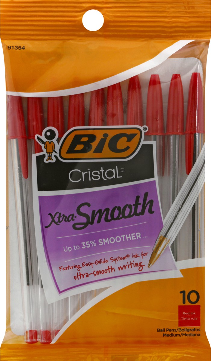 slide 1 of 11, BIC Cristal Red Ink Xtra Smooth Medium Ball Pens 10 ea, 10 ct