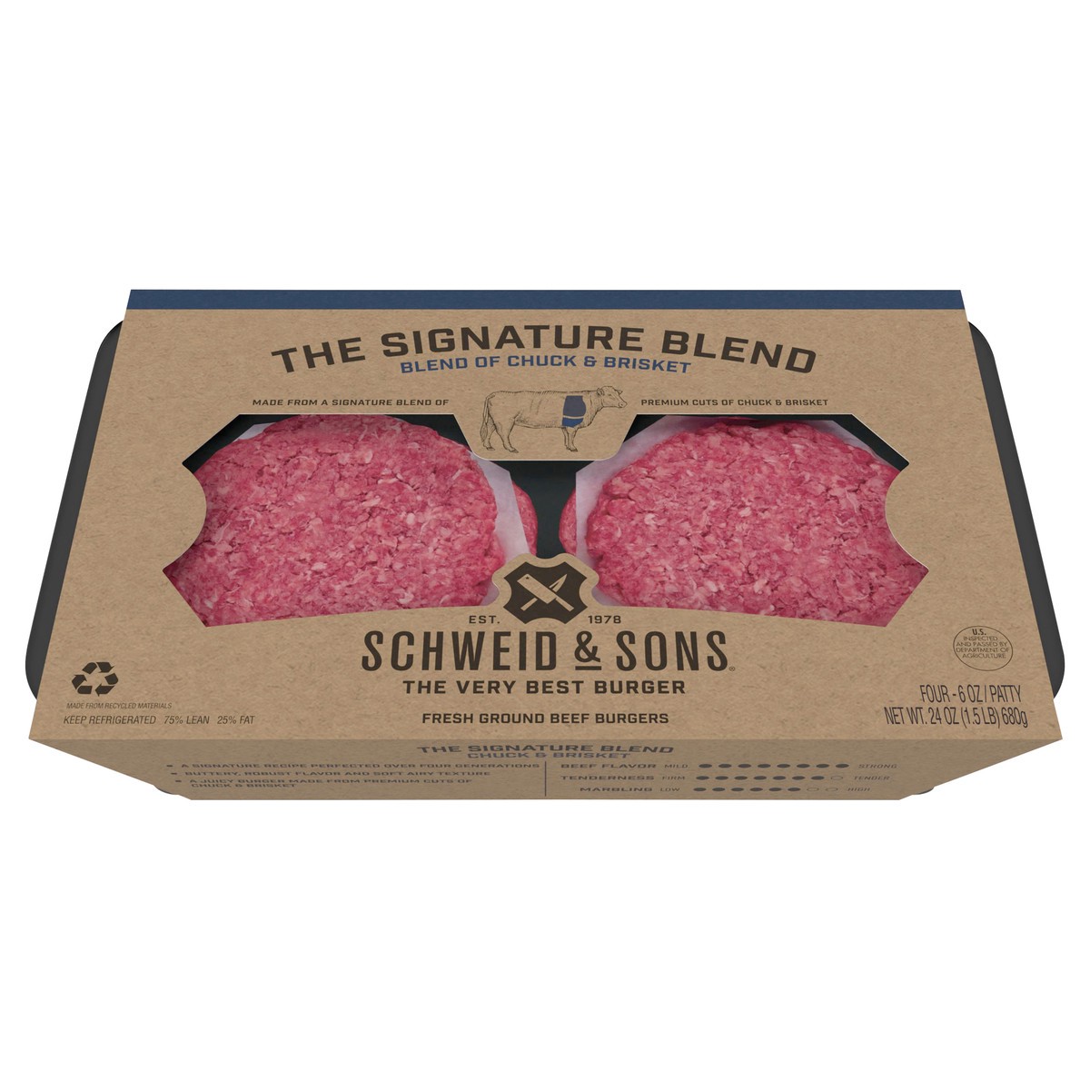 slide 1 of 1, Schweid & Sons Retail Fresh The Signature Blend Patty 6 oz 3/4 75/25, 4 ct