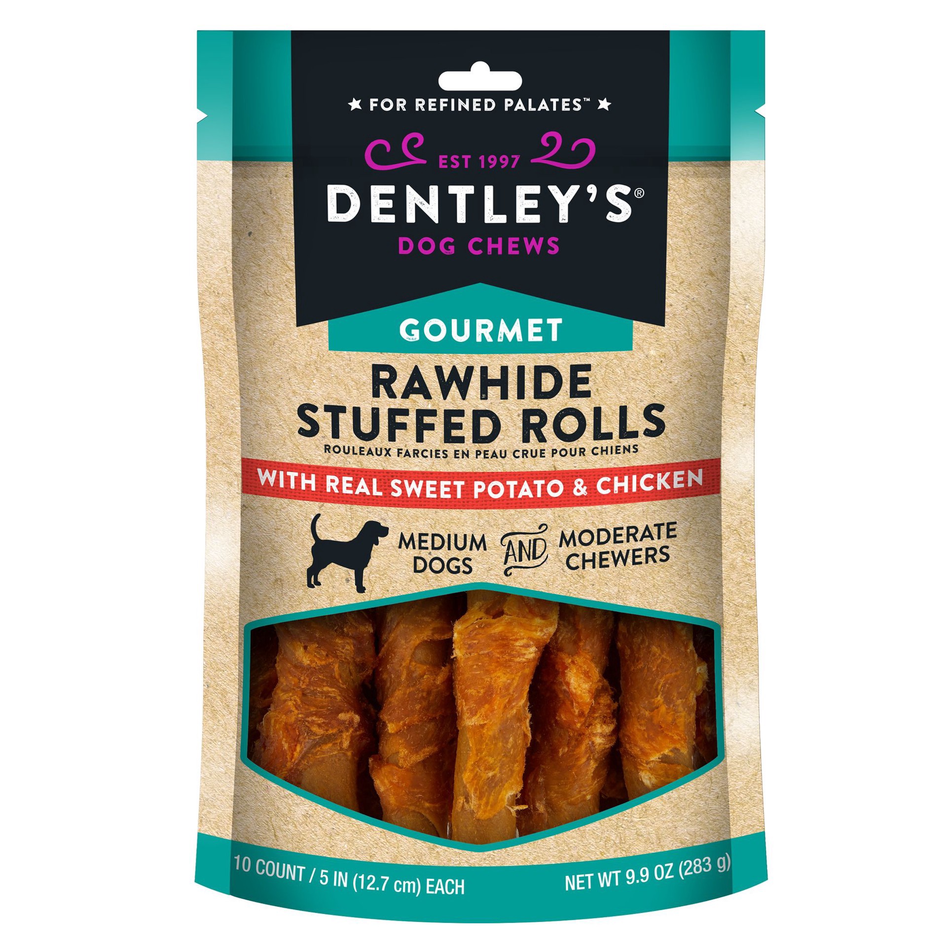 slide 1 of 1, Dentley's® Gourmet Rawhide Stuffed Rolls Dog Treats - Sweet Potato & Chicken, 10 ct