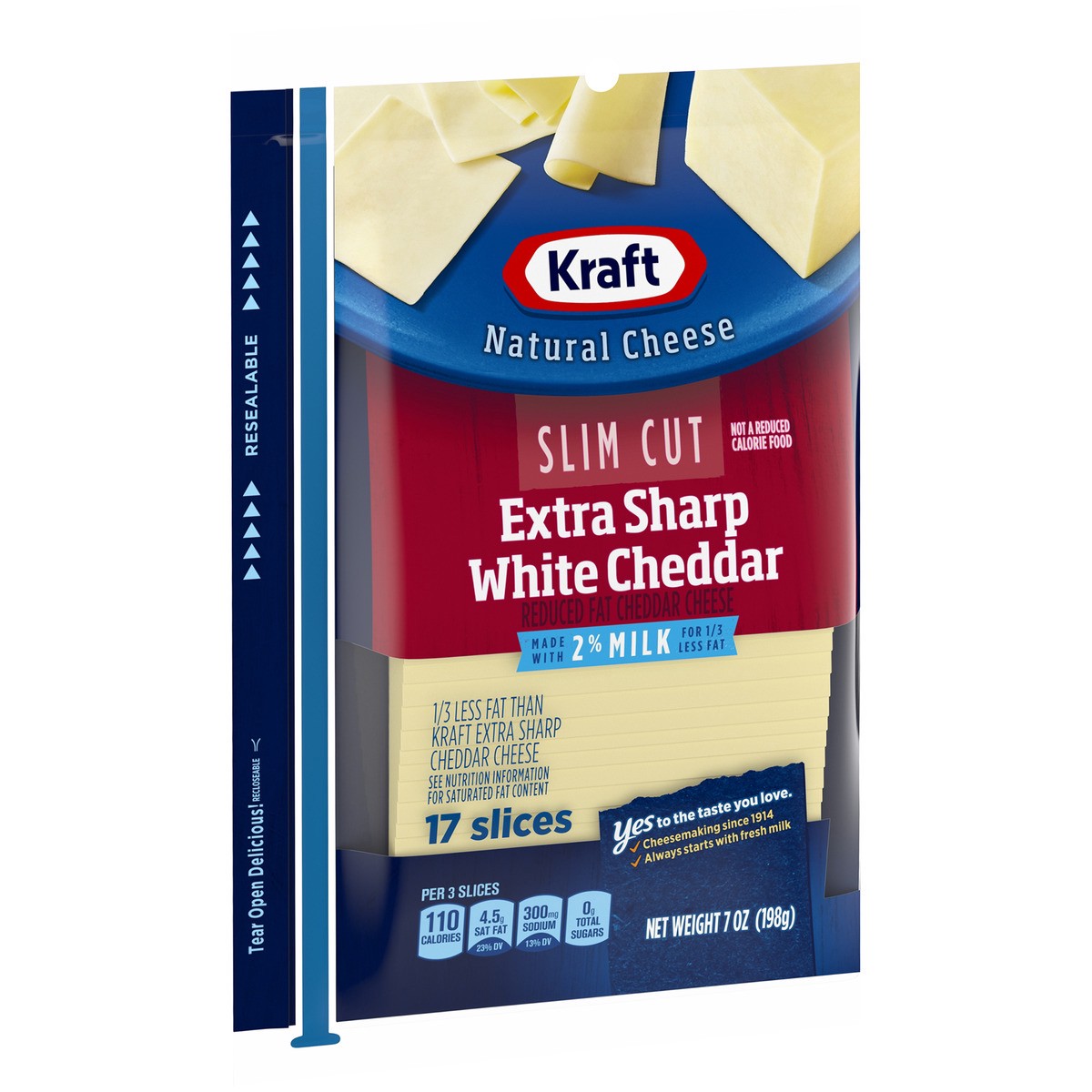 slide 9 of 9, Kraft Slim Cut Extra Sharp White Cheddar Cheese Slices with 2% Milk Pack, 7 oz