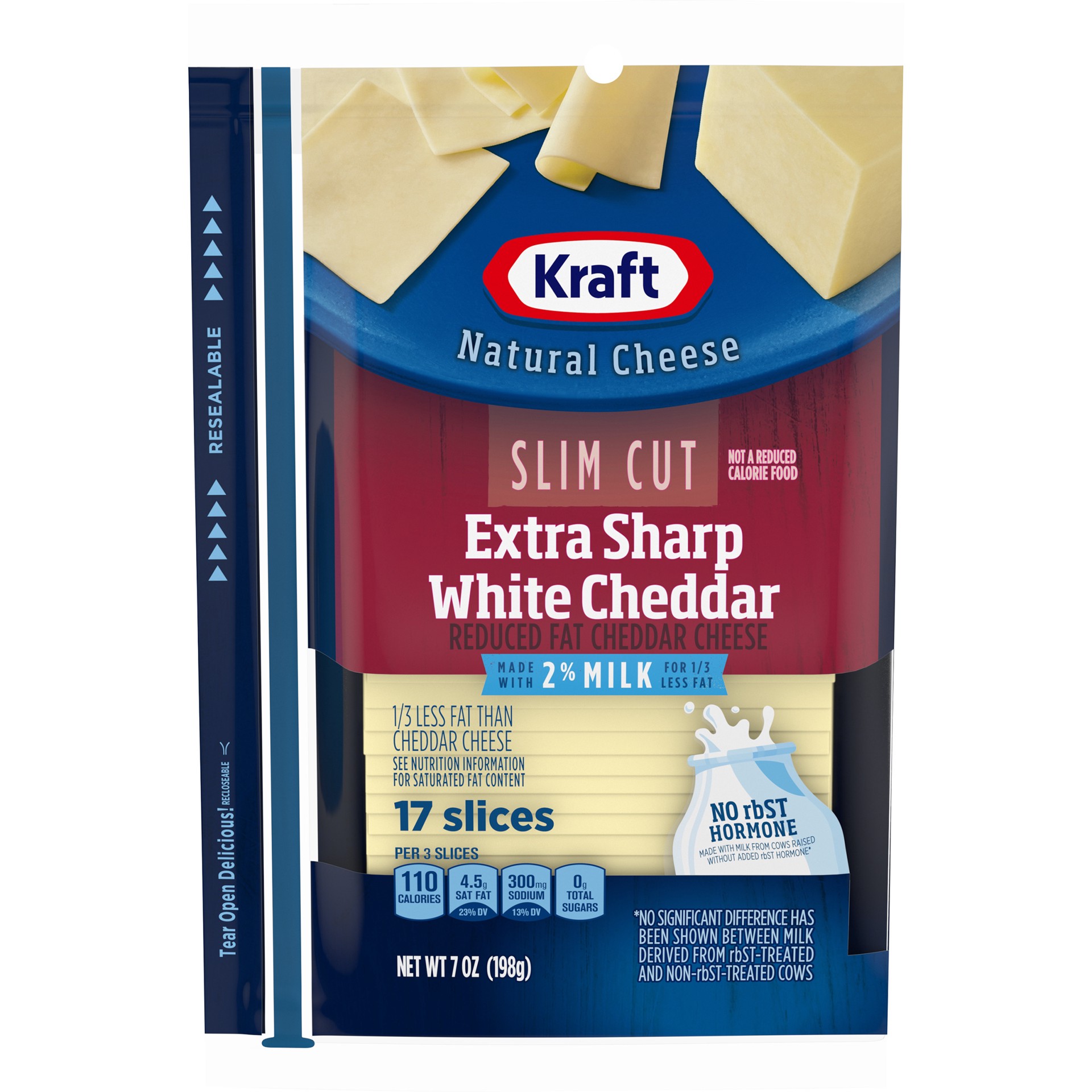 slide 1 of 9, Kraft Slim Cut Extra Sharp White Cheddar Cheese Slices with 2% Milk Pack, 7 oz