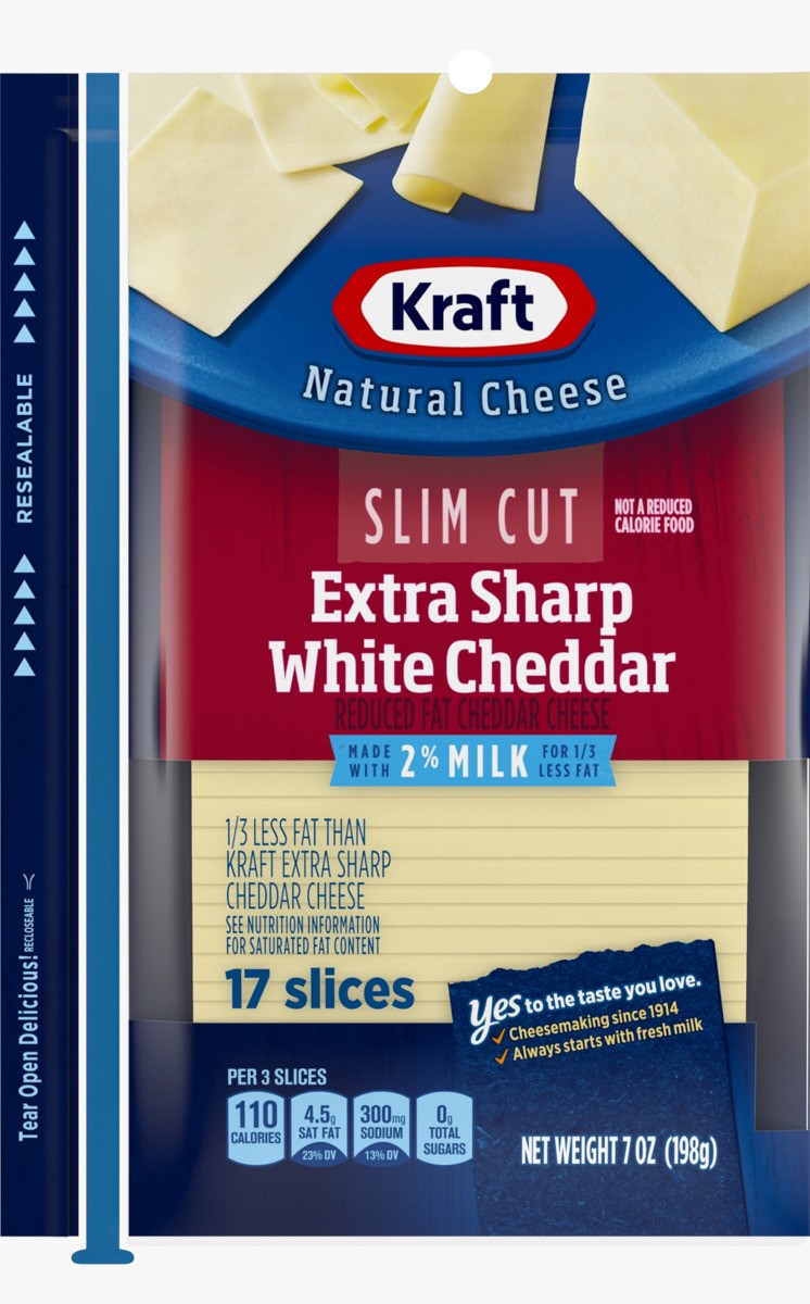 slide 7 of 9, Kraft Slim Cut Extra Sharp White Cheddar Cheese Slices with 2% Milk Pack, 7 oz