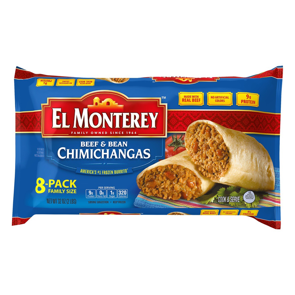slide 1 of 7, El Monterey™ frozen beef and bean chimichangas, family size, 8 ct