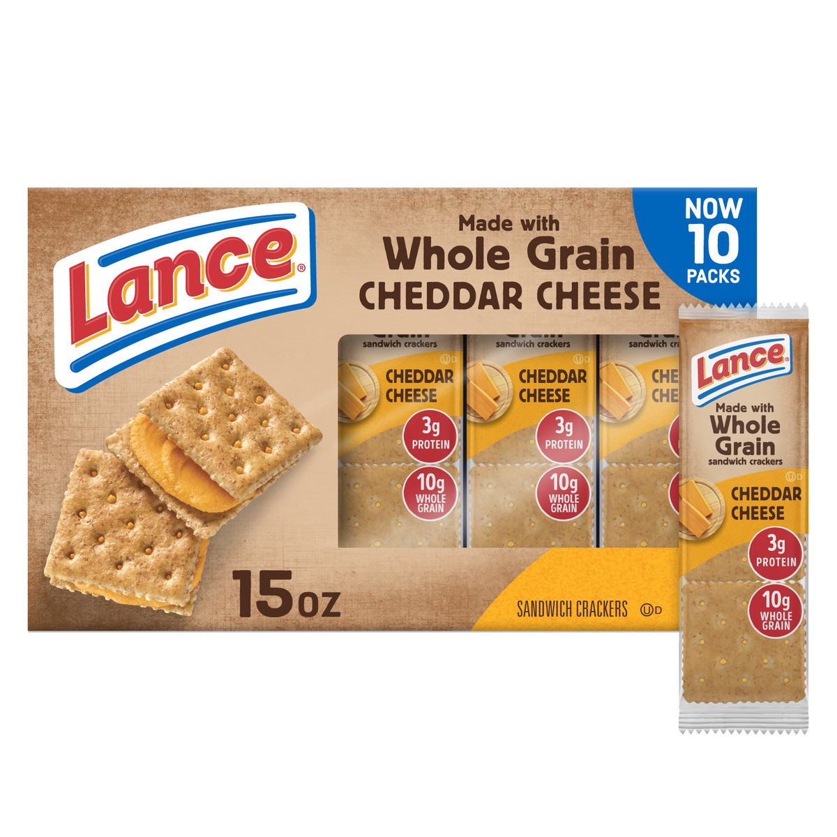 slide 1 of 12, Lance Sandwich Crackers, Made with Whole Grain Crackers, Cheddar Cheese, 10 Packs, 6 Sandwiches Each, 15 oz