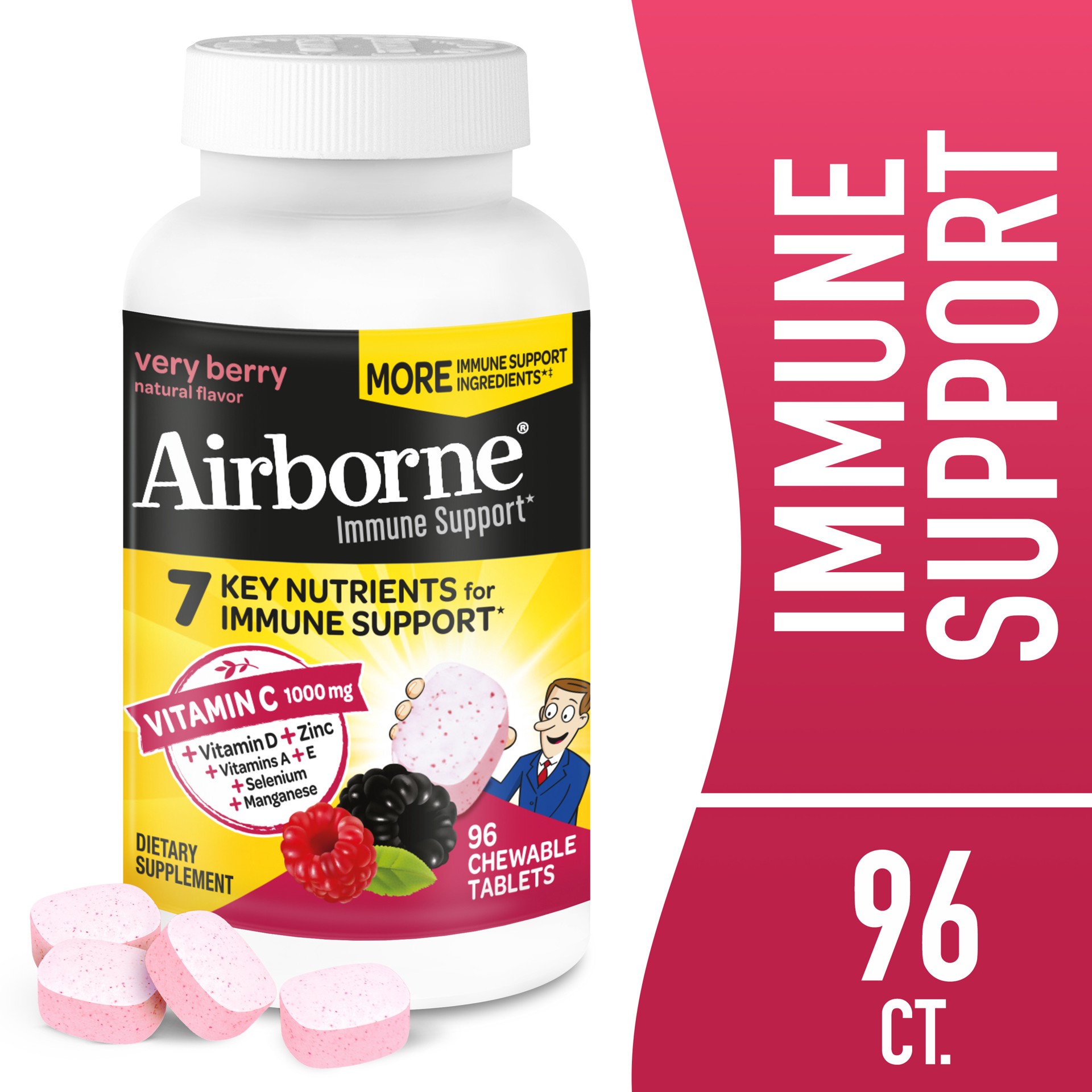 slide 1 of 1, Airborne Original Berry Flavored Immune Support Supplement Chewable Tablets, 96 ct