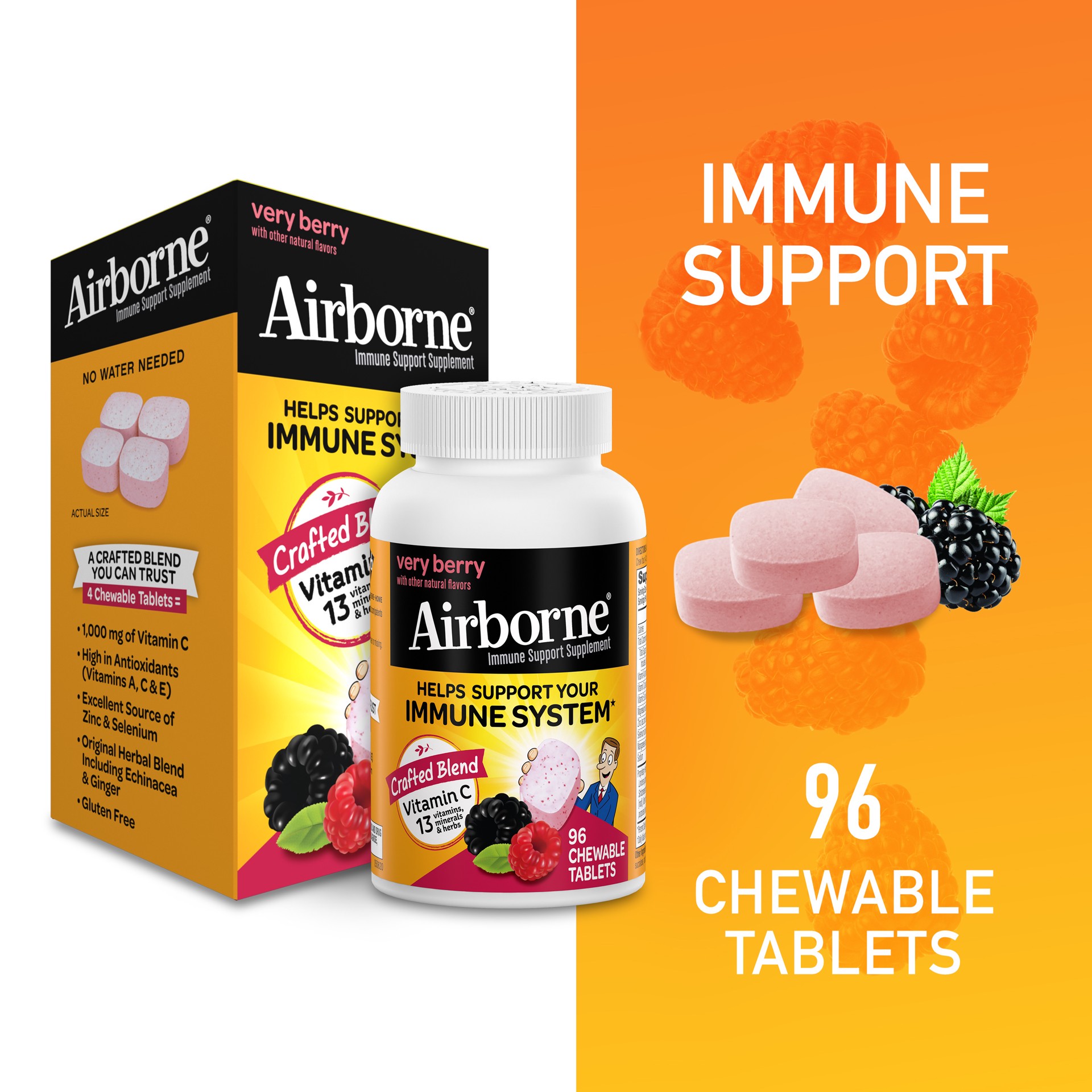 slide 1 of 1, Airborne Original Berry Flavored Immune Support Supplement Chewable Tablets, 96 ct