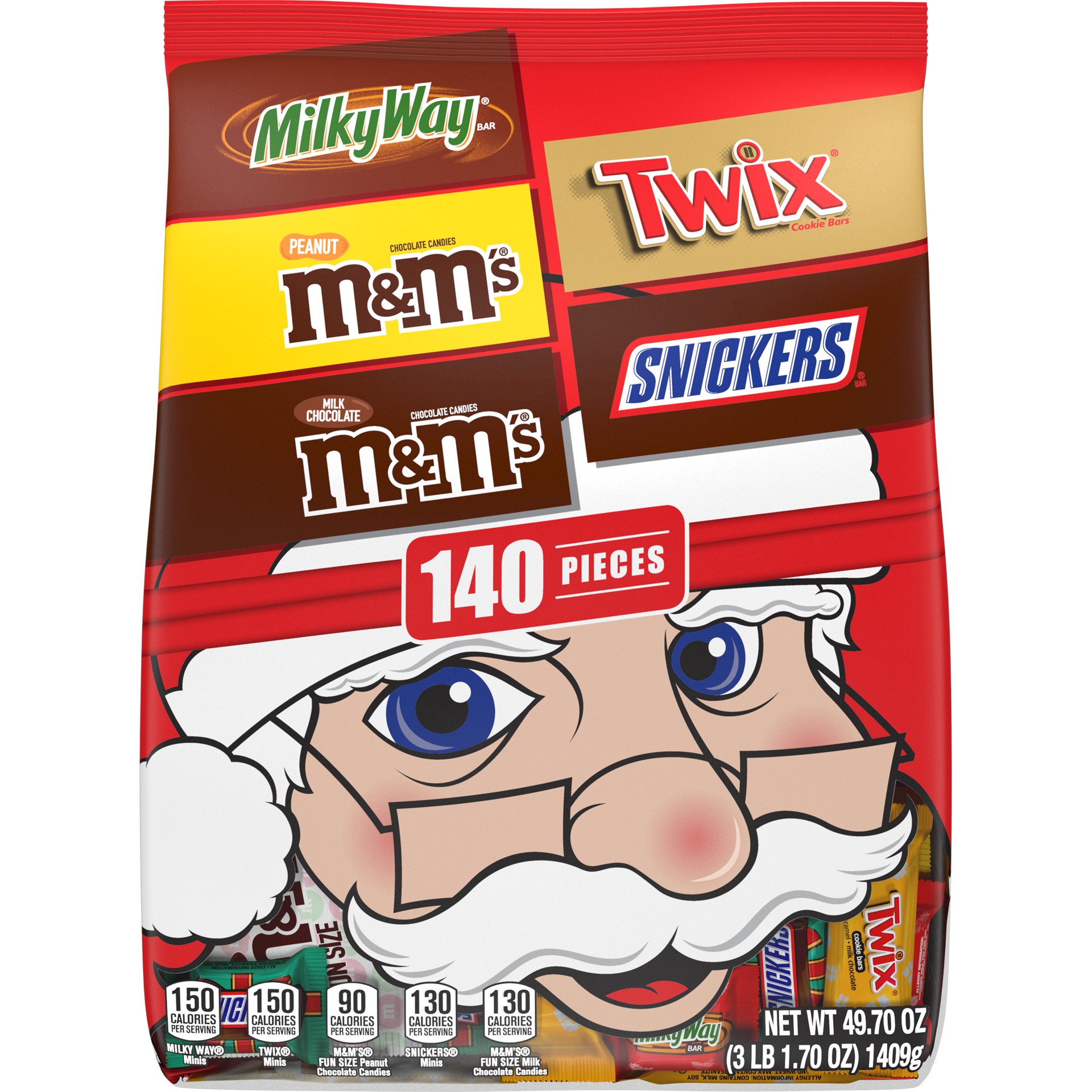 slide 1 of 5, Mixed M&M'S, SNICKERS, TWIX & MILK WAY Christmas Stocking Stuffer Milk Chocolate Candy Bars, 140 Piece Bag, 49.70 oz