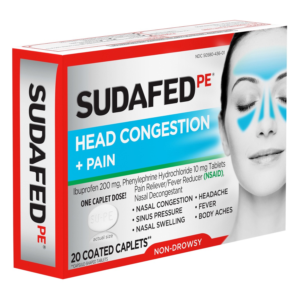 slide 4 of 7, Sudafed PE Non-Drowsy Head Congestion + Pain Relief Caplets with Ibuprofen 200 mg & Phenylephrine HCl 10 mg, Nasal Decongestant & NSAID Pain Reliever & Fever Reducer, 20 ct, 20 ct