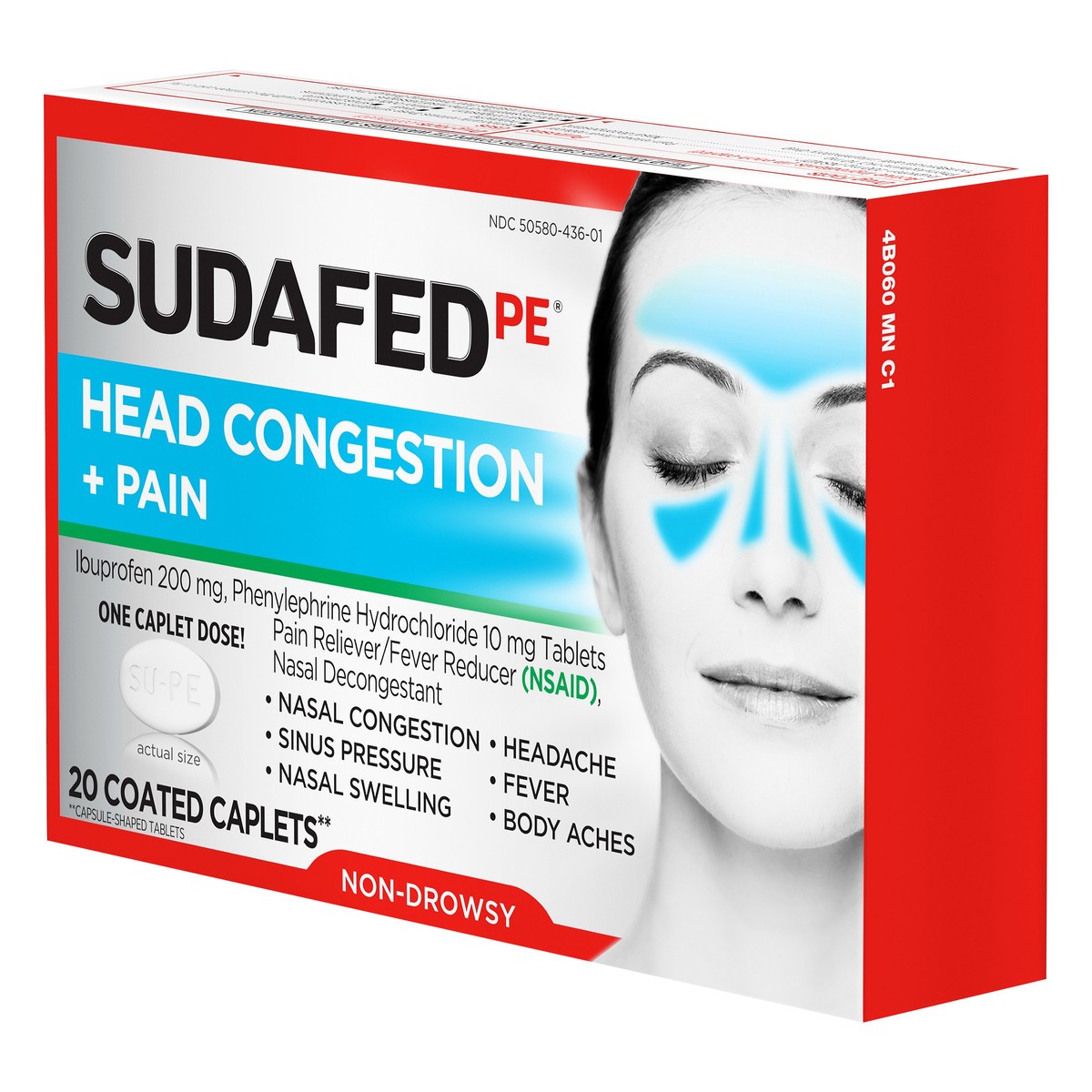 slide 3 of 7, Sudafed PE Non-Drowsy Head Congestion + Pain Relief Caplets with Ibuprofen 200 mg & Phenylephrine HCl 10 mg, Nasal Decongestant & NSAID Pain Reliever & Fever Reducer, 20 ct, 20 ct