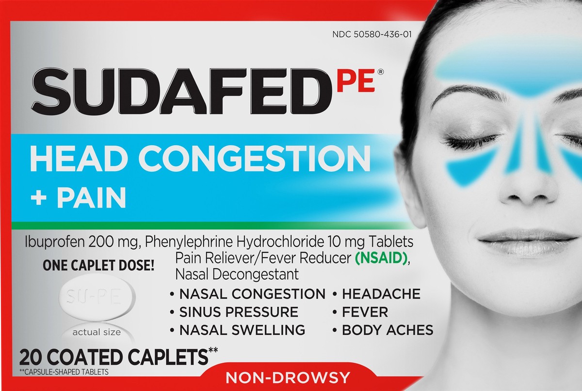 slide 6 of 7, Sudafed PE Non-Drowsy Head Congestion + Pain Relief Caplets with Ibuprofen 200 mg & Phenylephrine HCl 10 mg, Nasal Decongestant & NSAID Pain Reliever & Fever Reducer, 20 ct, 20 ct