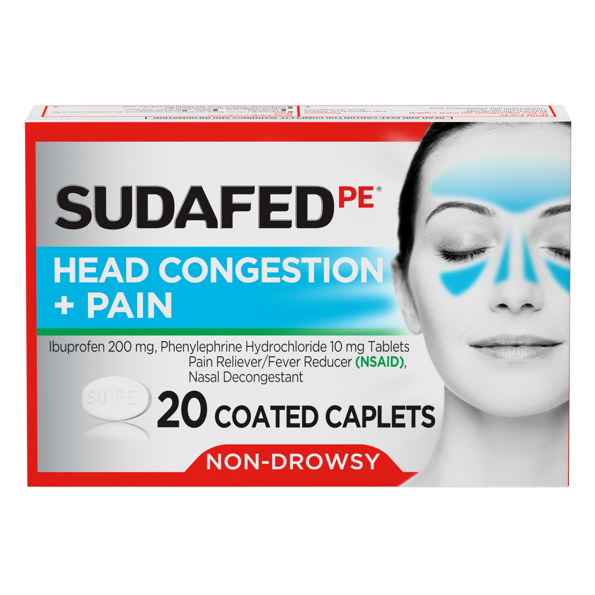 slide 1 of 7, Sudafed PE Non-Drowsy Head Congestion + Pain Relief Caplets with Ibuprofen 200 mg & Phenylephrine HCl 10 mg, Nasal Decongestant & NSAID Pain Reliever & Fever Reducer, 20 ct, 20 ct