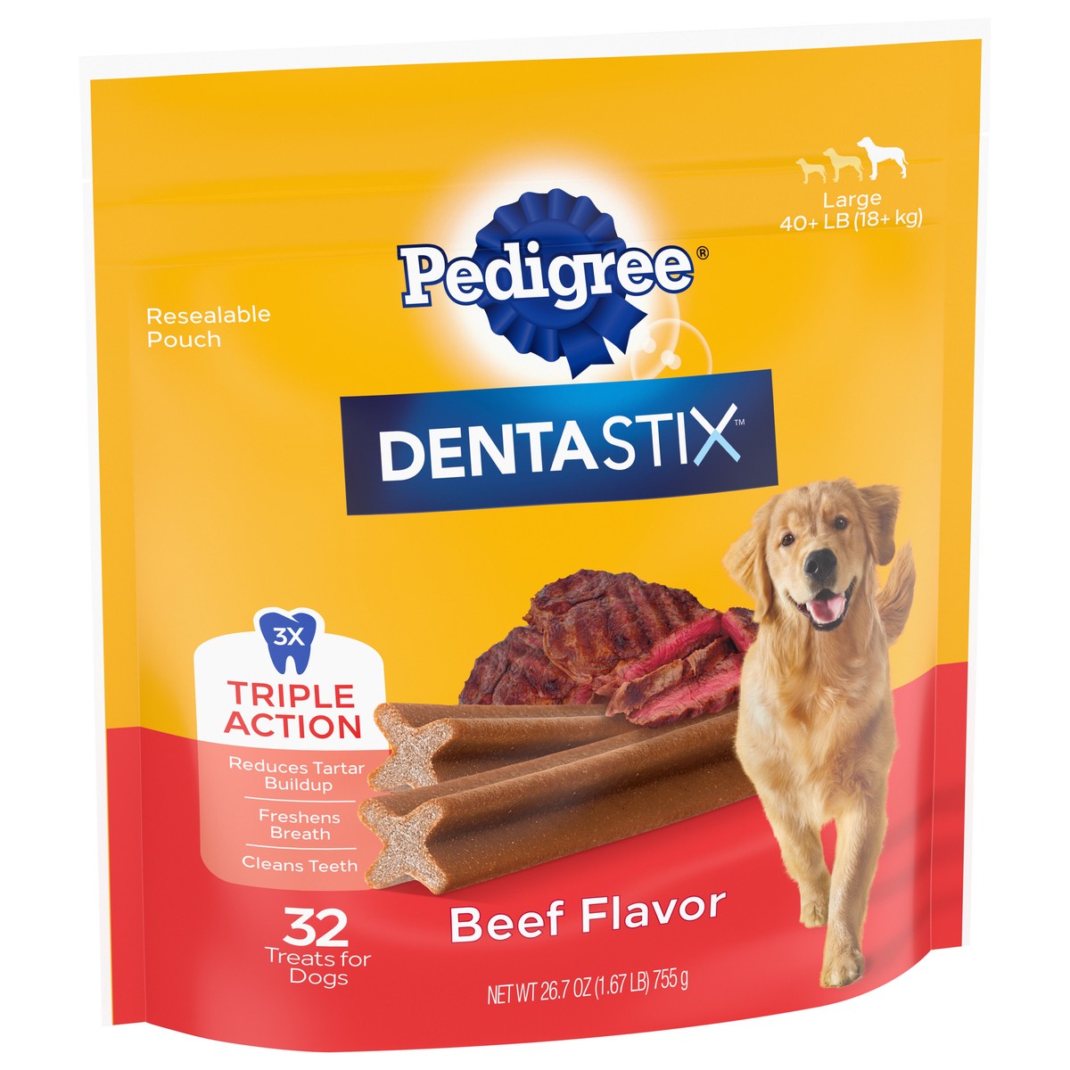 slide 2 of 9, Dentastix Large 40+ lb (18+ kg) Triple Action Beef Flavor Dog Food 32 ea, 32 ct
