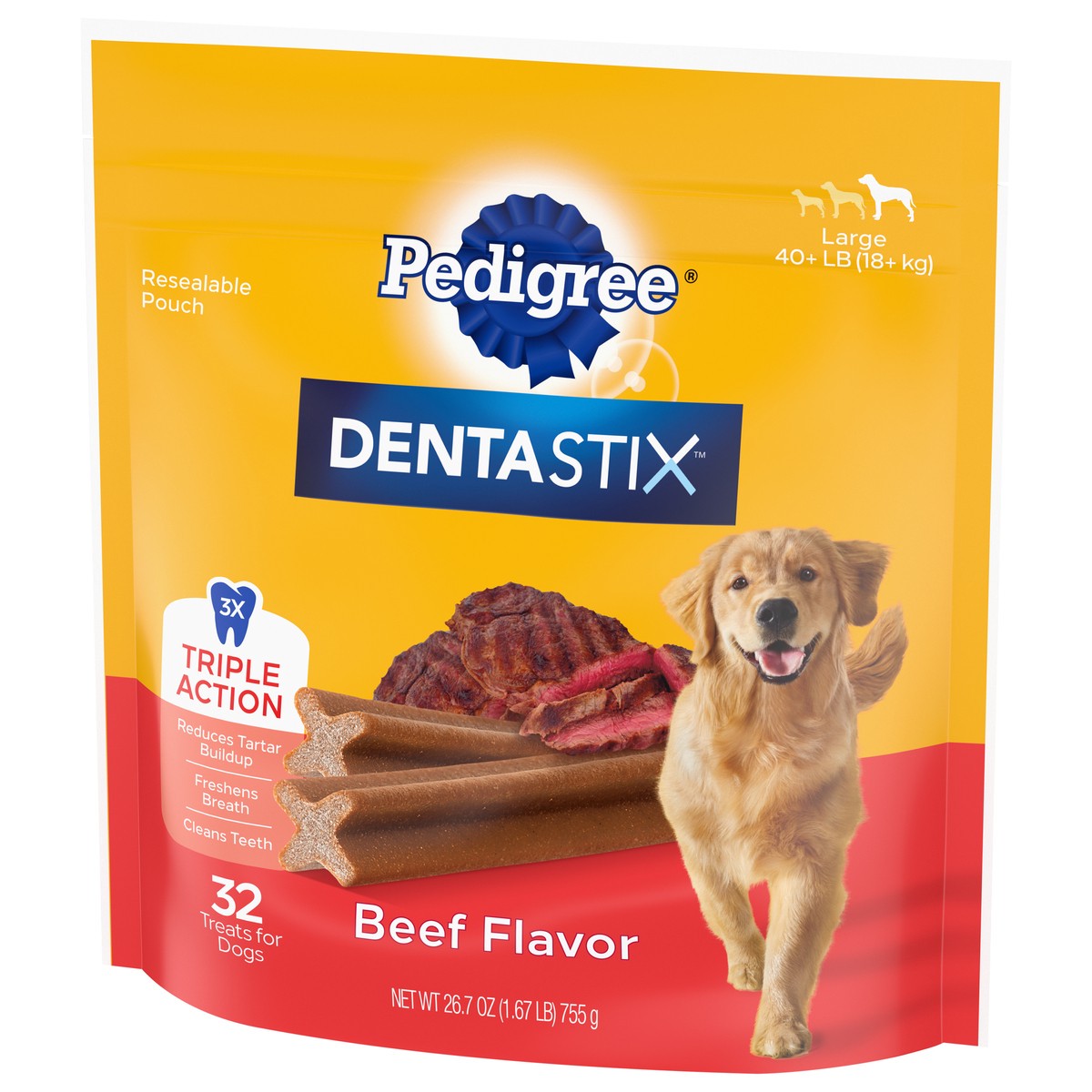 slide 4 of 9, Dentastix Large 40+ lb (18+ kg) Triple Action Beef Flavor Dog Food 32 ea, 32 ct