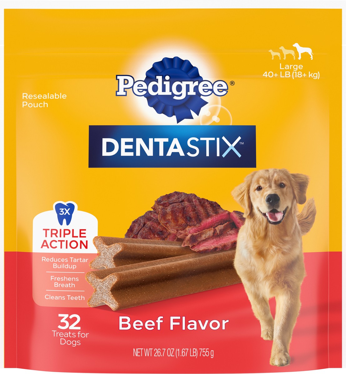 slide 8 of 9, Dentastix Large 40+ lb (18+ kg) Triple Action Beef Flavor Dog Food 32 ea, 32 ct