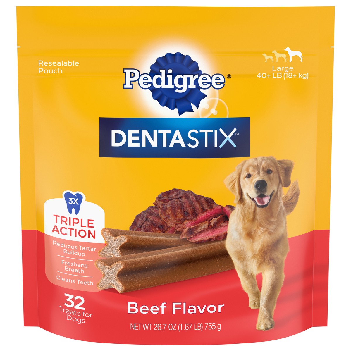 slide 1 of 9, Dentastix Large 40+ lb (18+ kg) Triple Action Beef Flavor Dog Food 32 ea, 32 ct