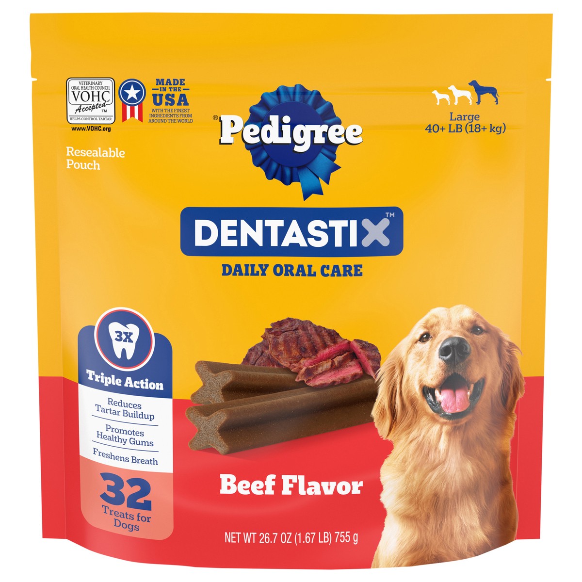 slide 1 of 9, Dentastix Large 40+ lb (18+ kg) Triple Action Beef Flavor Dog Food 32 ea, 32 ct