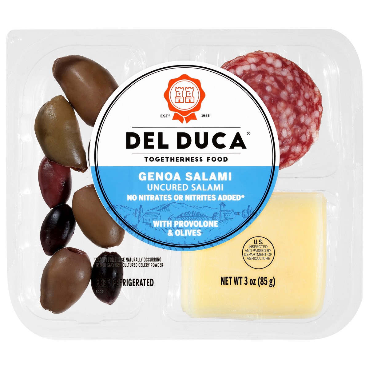 slide 1 of 15, Del Duca Genoa Salami with Provolone & Olives 3 oz, 3 oz