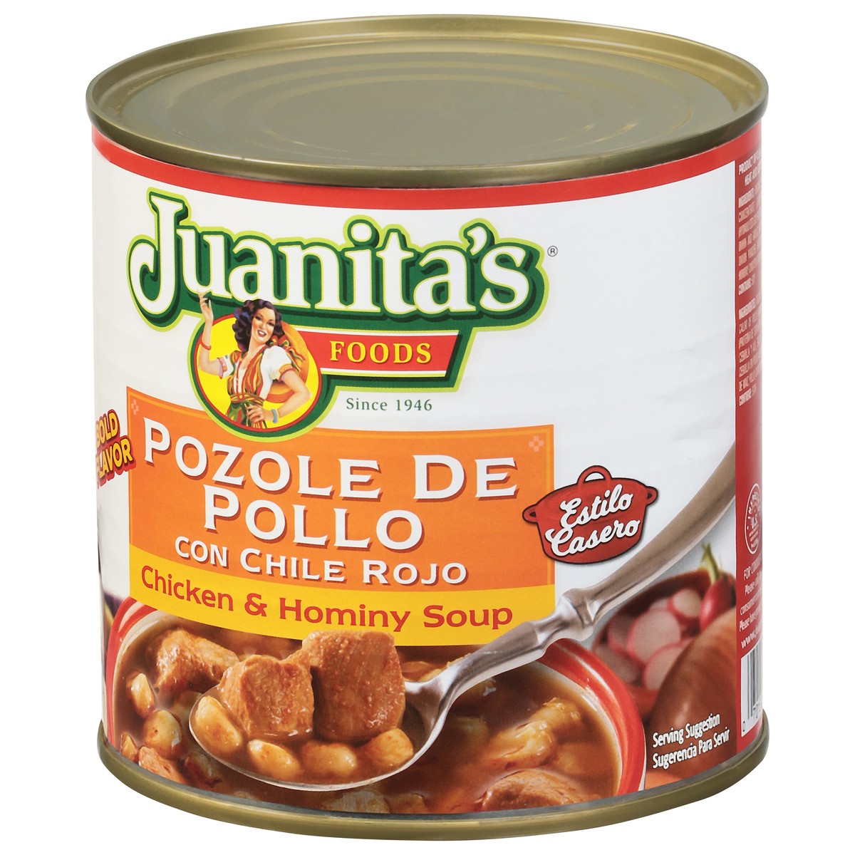 slide 2 of 9, Juanita's Food Chicken Pozole with Red Chile, 25 oz can, 25 oz