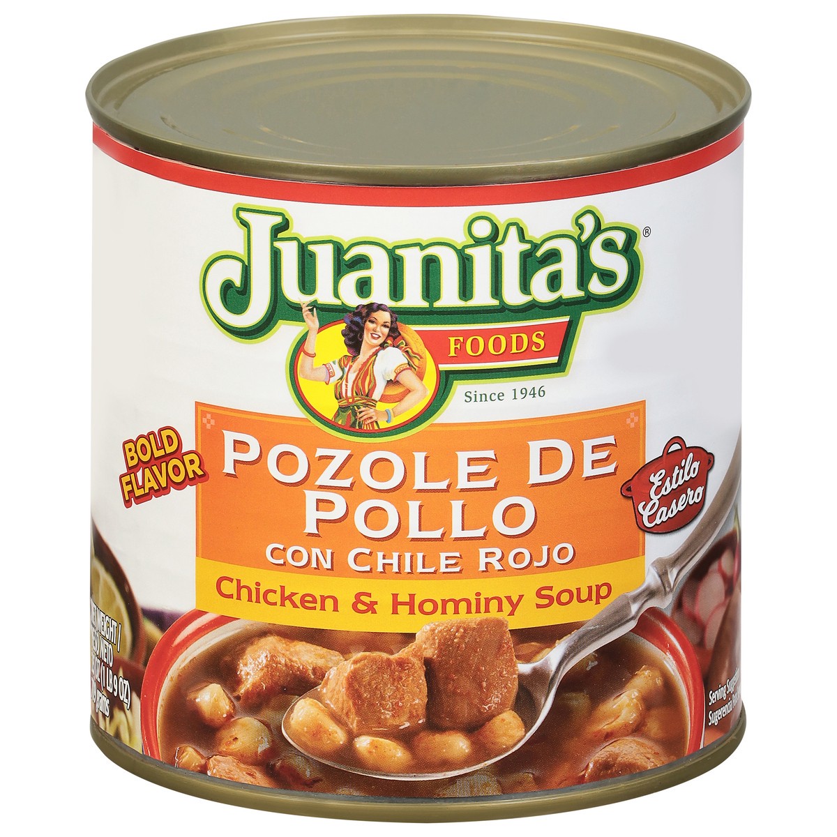 slide 1 of 9, Juanita's Food Chicken Pozole with Red Chile, 25 oz can, 25 oz