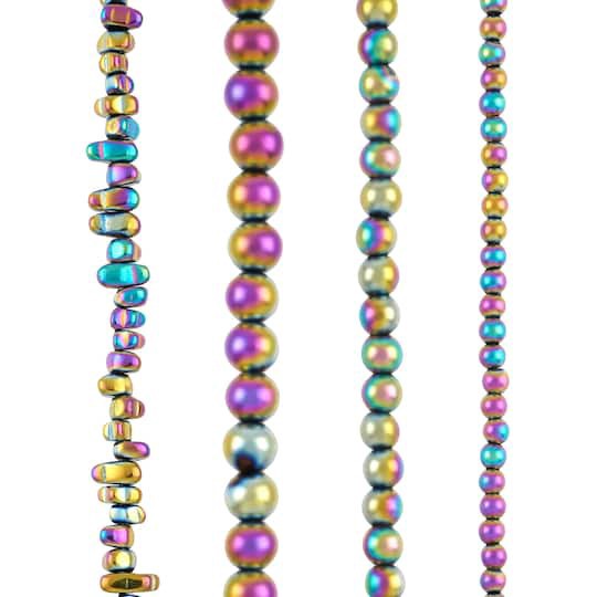 slide 1 of 3, Mixed Rainbow Reconstituted Hematite Beads By Bead Landing, 4mm-10mm